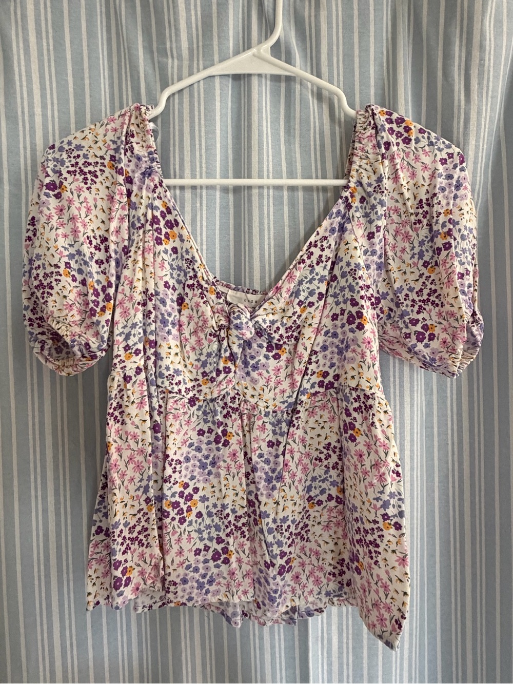 Lush Cream Floral Puff Sleeve Blouse with Purple & Pink Accents
